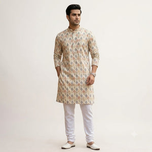 Men's Kurta | Beige Multicolor Ikat Print