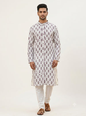 Men's Kurta | Ivory Purple Ikat Print