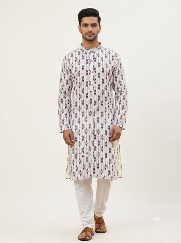 Men's Kurta | Ivory Purple Ikat Print