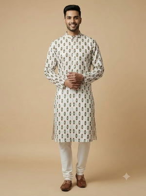 Men's Kurta | Ivory Green Ikat Print