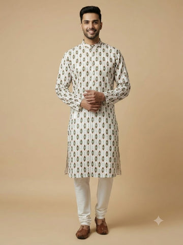 Men's Kurta | Ivory Green Ikat Print