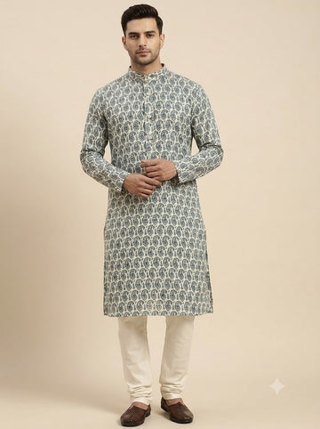 Men's Kurta | Ivory Blue Paisley Print