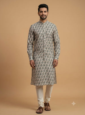 Men's Kurta | Ivory Olive Green Paisley Print