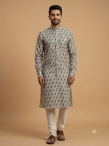 Men's Kurta | Ivory Olive Green Paisley Print