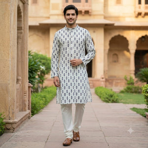 Men's Kurta | Ivory Navy Ikat Print
