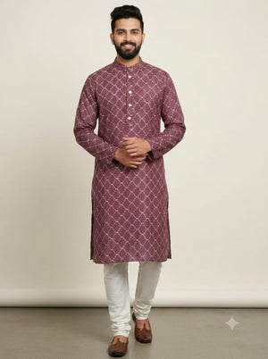 Men's Kurta | Wine Lattice Print