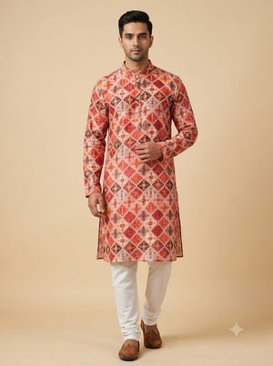 Men's Kurta | Red Orange Geometric Print