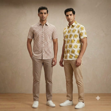 Ivory Booti & Sunflower Print Half Sleeve Shirt Combo - Pack of 2