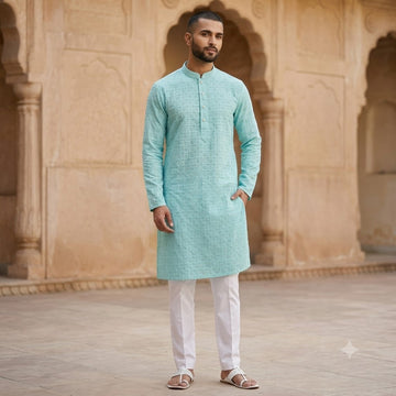 Men's Kurta | Aqua Blue Self Check Design