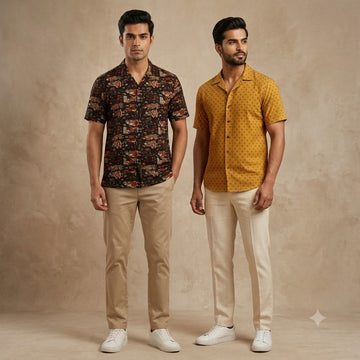 Midnight Floral & Mustard Dot Print Half Sleeve Shirt Combo - Pack of 2