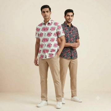Pink Rose & Navy Floral Half Sleeve Shirt Combo - Pack of 2