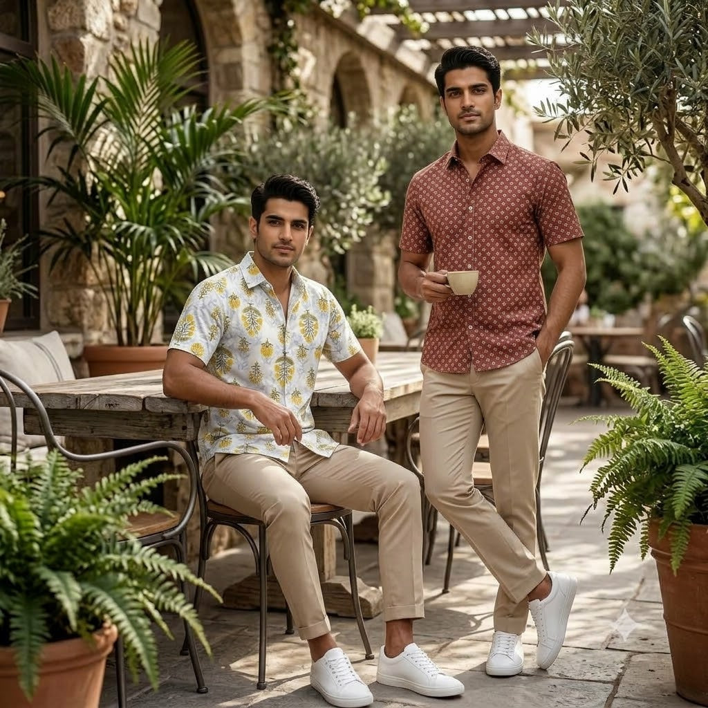 Ivory Paisley & Rust Dot Print Half Sleeve Shirt Combo - Pack of 2