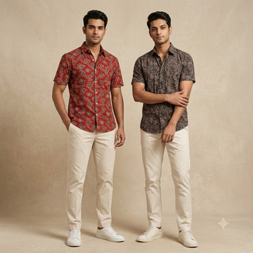 Red Block Print & Charcoal Paisley Half Sleeve Shirt Combo - Pack of 2