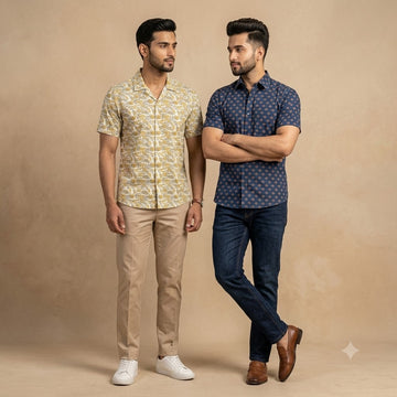 Olive Floral & Navy Print Half Sleeve Shirt Combo - Pack of 2