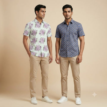Lilac Floral & Indigo Print Half Sleeve Shirt Combo - Pack of 2