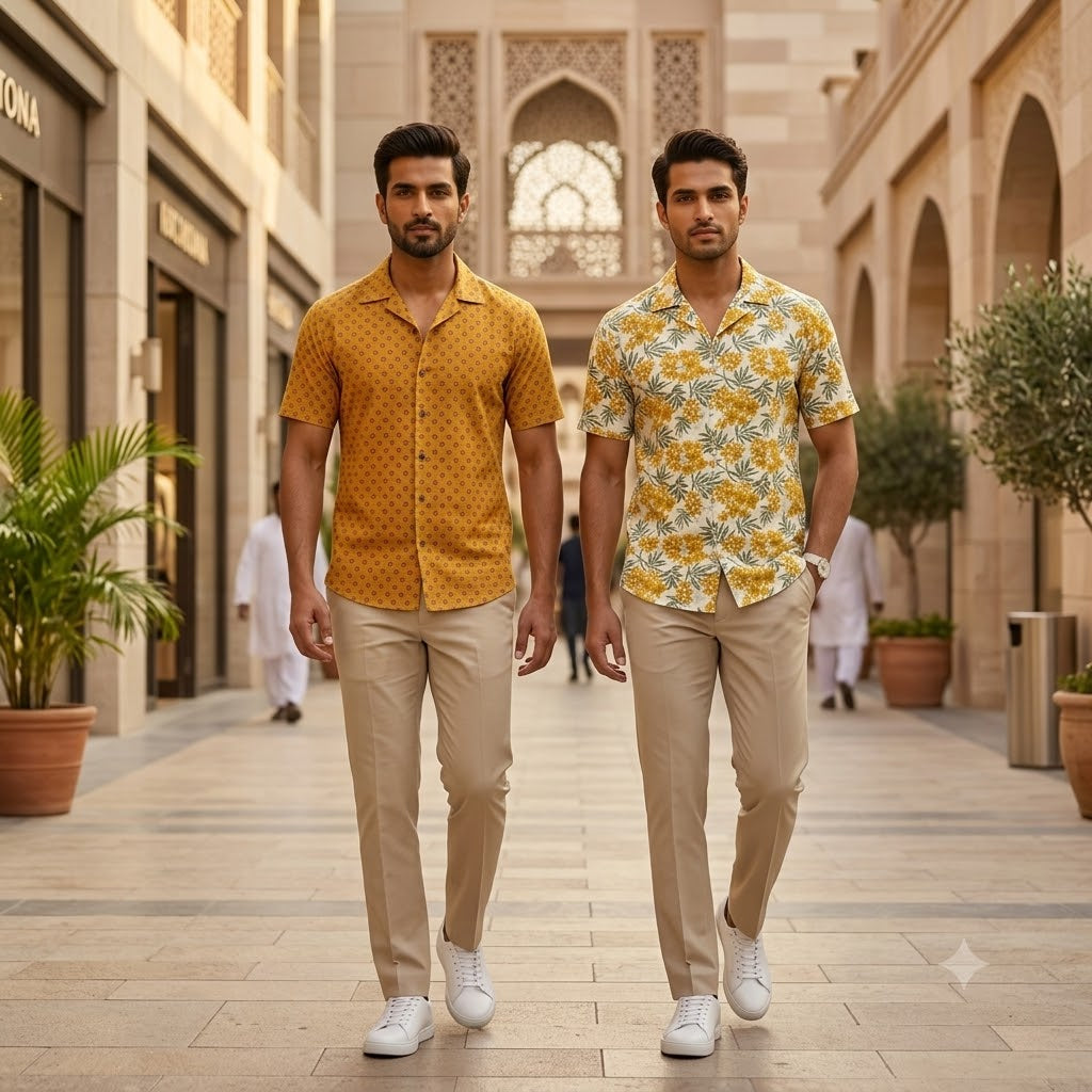 Mustard Dot & Yellow Tropical Print Half Sleeve Shirt Combo - Pack of 2