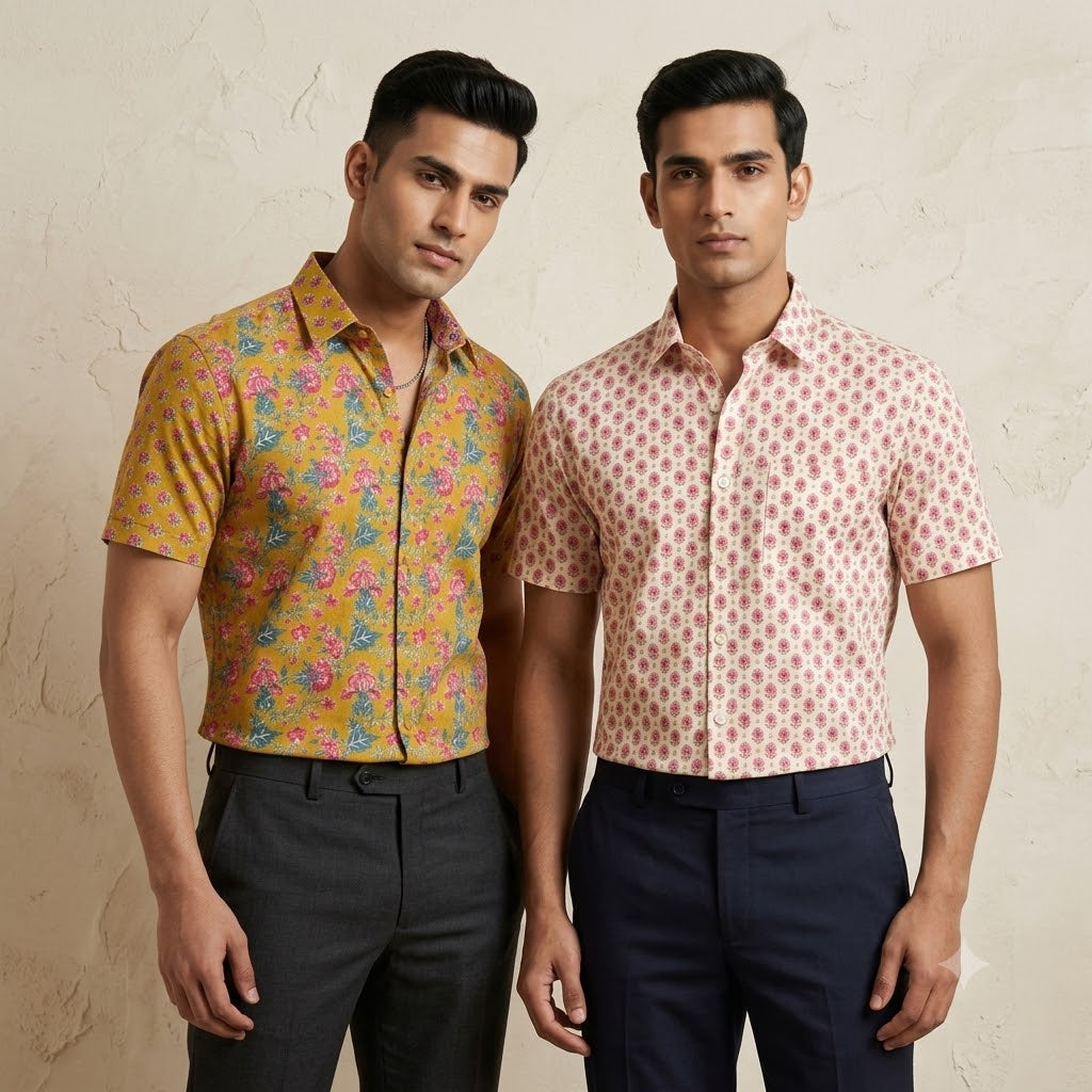 Mustard Floral & Peach Booti Half Sleeve Shirt Combo - Pack of 2