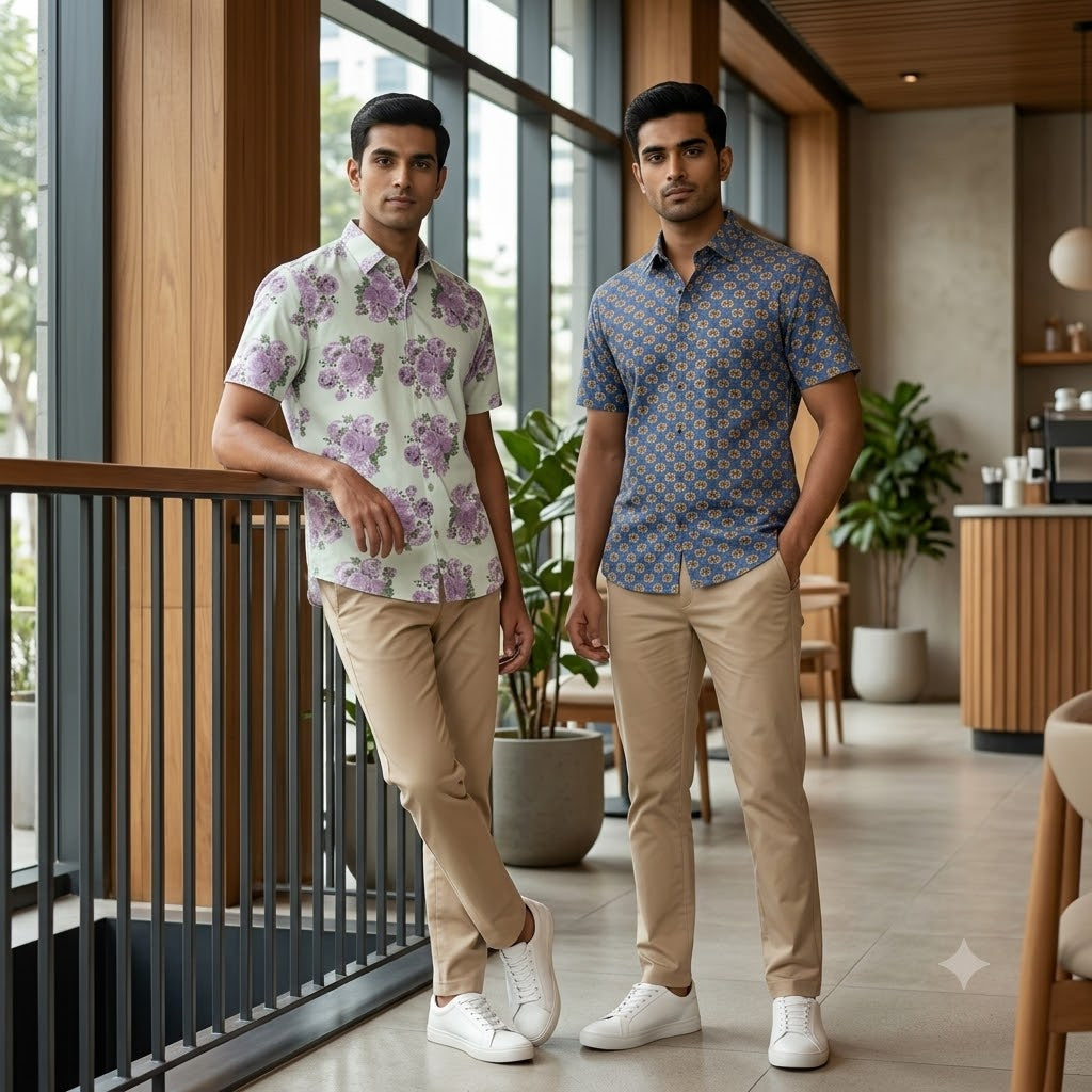 Lilac Floral & Indigo Print Half Sleeve Shirt Combo - Pack of 2