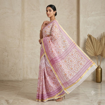 Kota Doriya Saree | Pink Mustard Floral Print