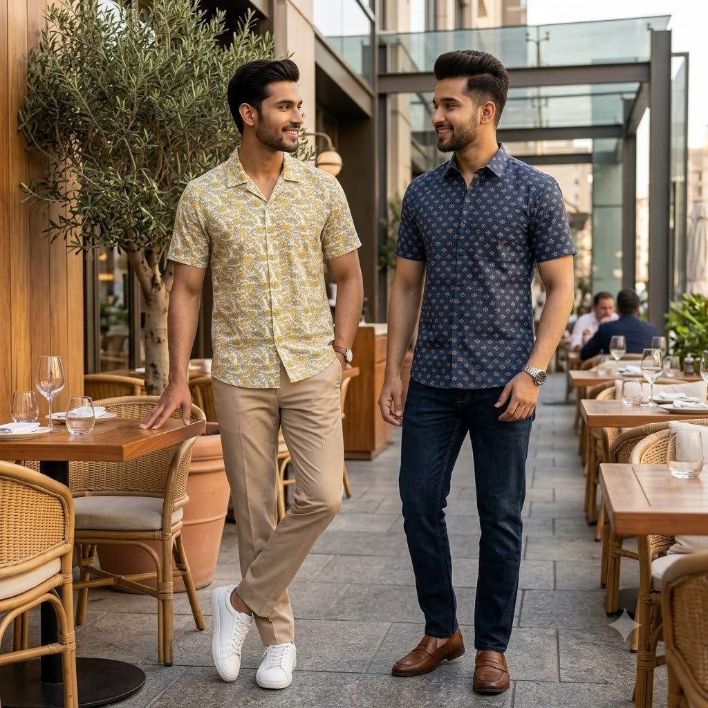 Olive Floral & Navy Print Half Sleeve Shirt Combo - Pack of 2