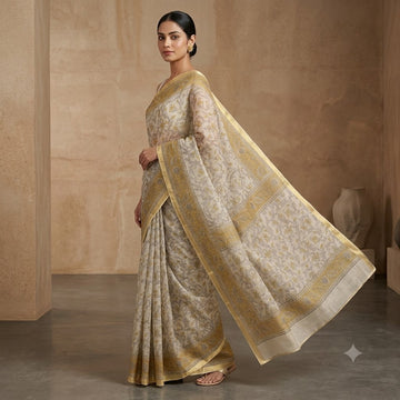 Kota Doriya Saree | Beige Mustard Floral Print