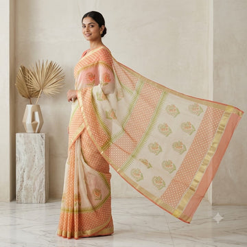 Kota Doriya Saree | Peach Cream Floral Print