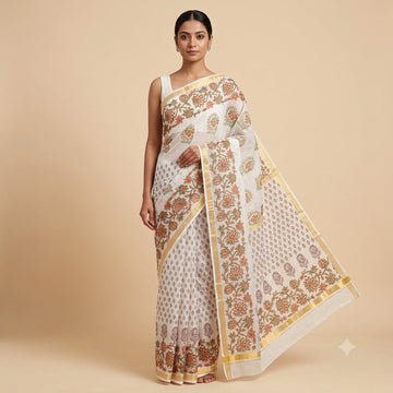Kota Doriya Saree | Off White Rust Floral Print