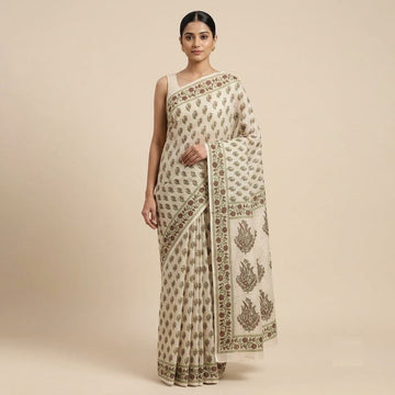 Kota Doriya Saree | Ivory Olive Green Buti Print