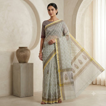 Kota Doriya Saree | Grey Sage Floral Print