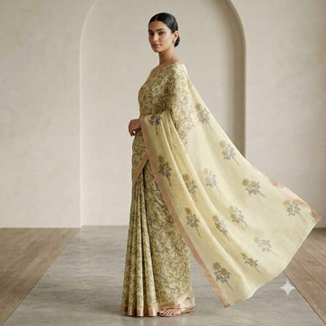 Kota Doriya Saree | Lemon Yellow Olive Floral Print