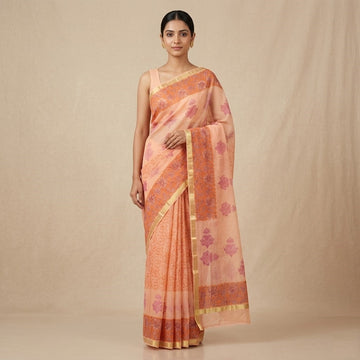 Kota Doriya Saree | Peach Pink Floral Print